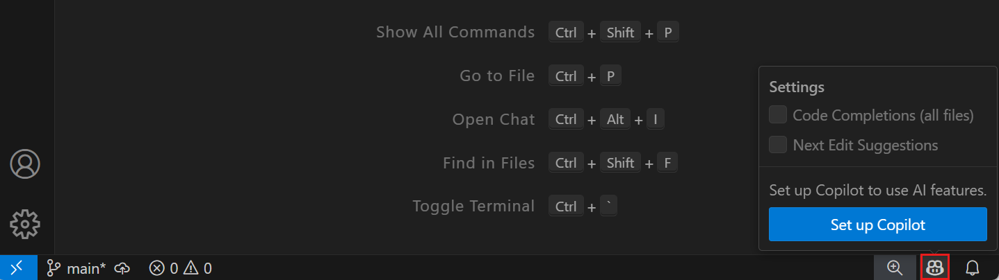 Screenshot mostrando o botão de configurações do GitHub Copilot.