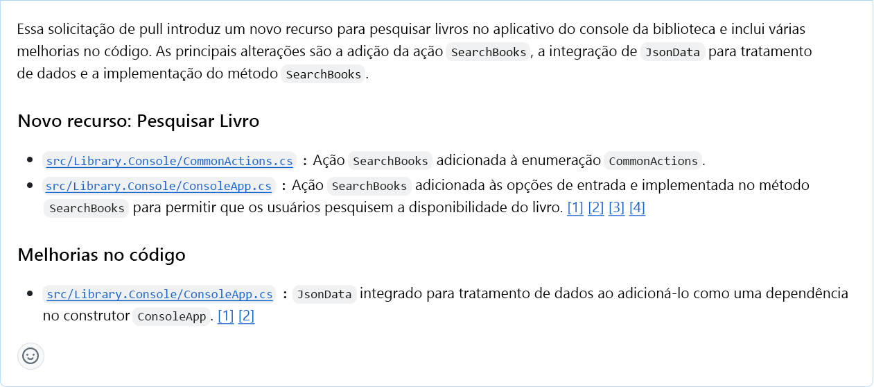 Captura de tela mostrando um resumo da solicitação de pull gerado usando uma conta do GitHub Copilot Enterprise.