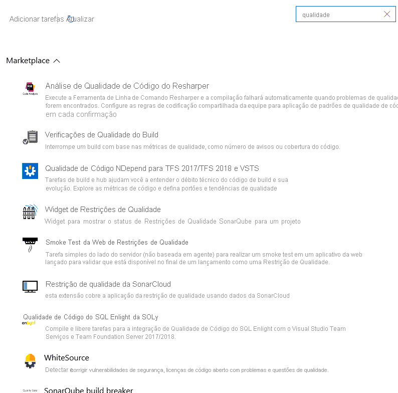 Captura de tela da página do Marketplace com uma pesquisa sobre a qualidade do termo. Os resultados incluem NDepend e Resharper.