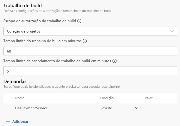 Captura de tela das configurações de autorização e tempo limite da tarefa de Build.