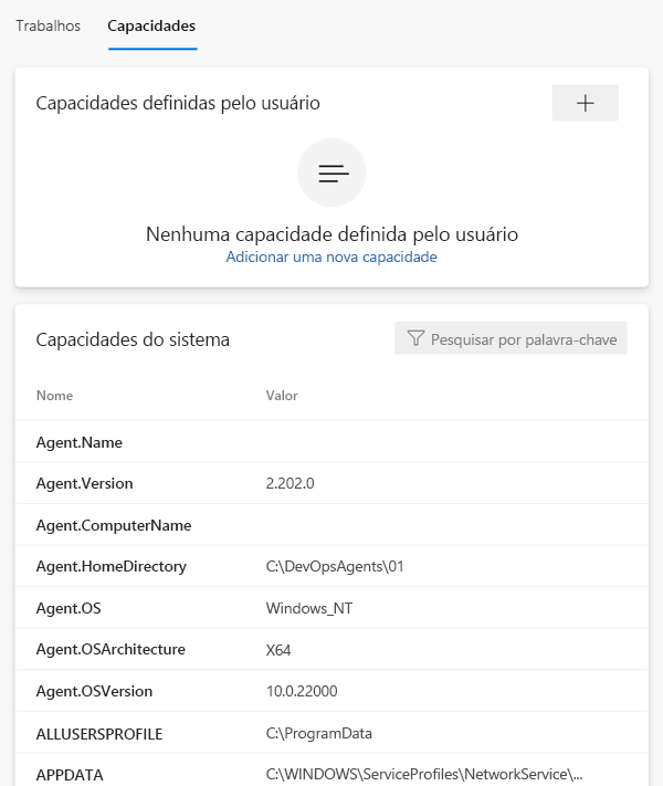 Captura de tela da guia Recursos. Recursos de usuário e sistema são mostrados.
