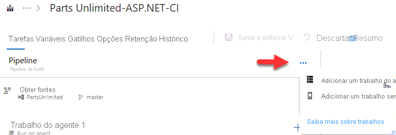 Captura de tela da página Adicionar um Trabalho do Agente.