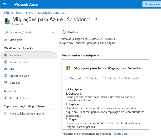 A screenshot of the Azure portal. The administrator has added Azure Migrate and selected the Azure Migrate: Server Migration tool.