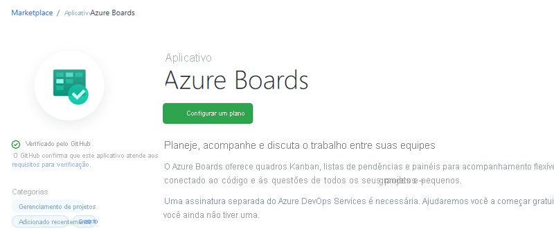 Captura de tela da integração de aplicativo do Azure Boards.