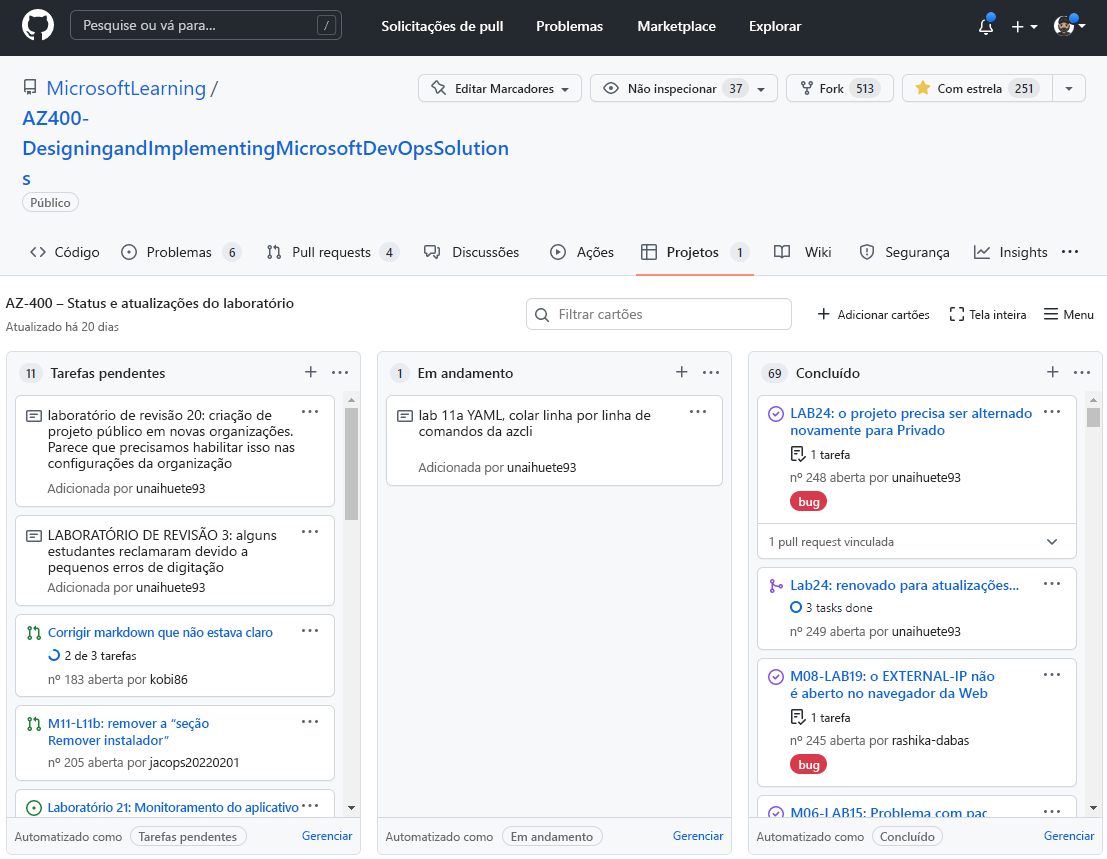 Captura de tela do recurso de quadros do projeto GitHub.