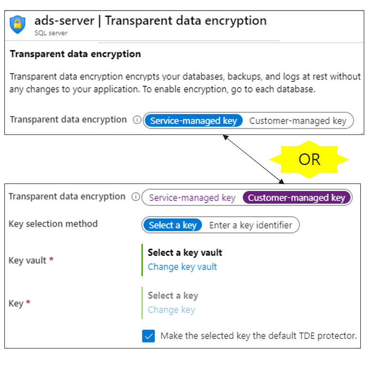 Captura de tela do formulário de configuração de Criptografia Transparente de Dados.