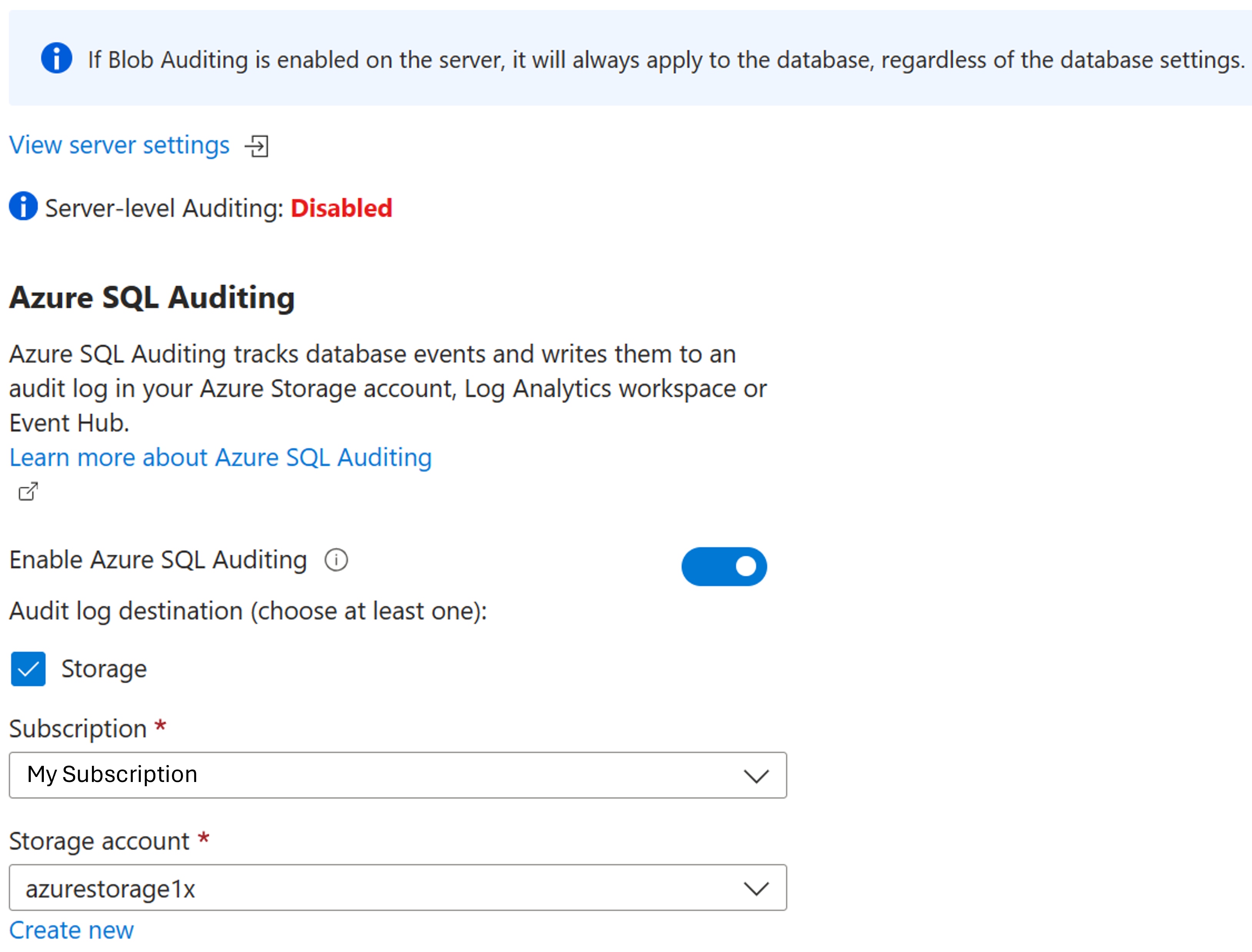Captura de tela mostrando um exemplo de uma configuração de auditoria usando o portal do Azure.