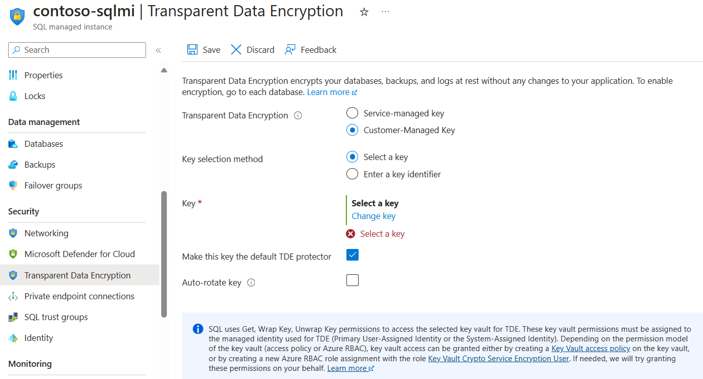 Captura de tela mostrando como usar a Transparent Data Encryption com suporte ao Bring Your Own Key.