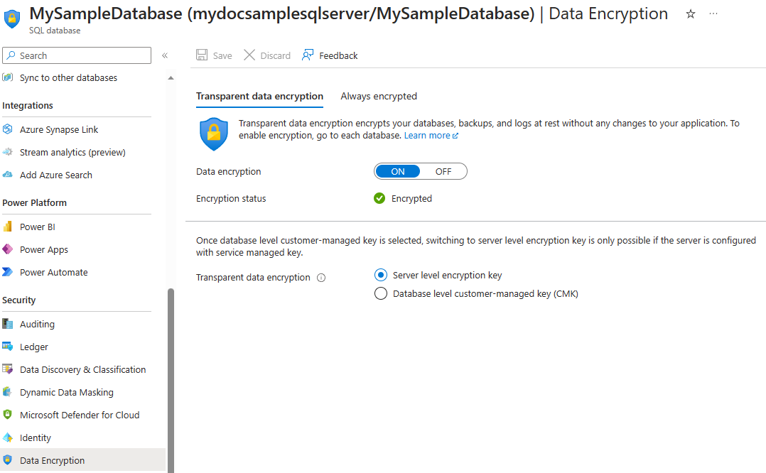 Captura de tela mostrando como habilitar e desabilitar a Transparent Data Encryption no nível do banco de dados.