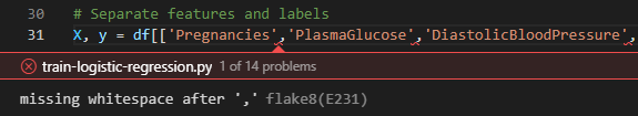 Captura de tela dos resultados do Flake 8 no Visual Studio Code.