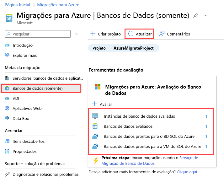 Captura de tela dos resultados das Migrações para Azure: Avaliação de Banco de Dados após o upload do relatório de avaliação.