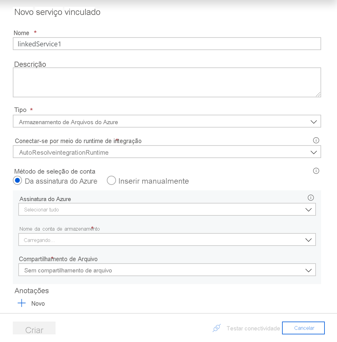 Nova página de serviço vinculado