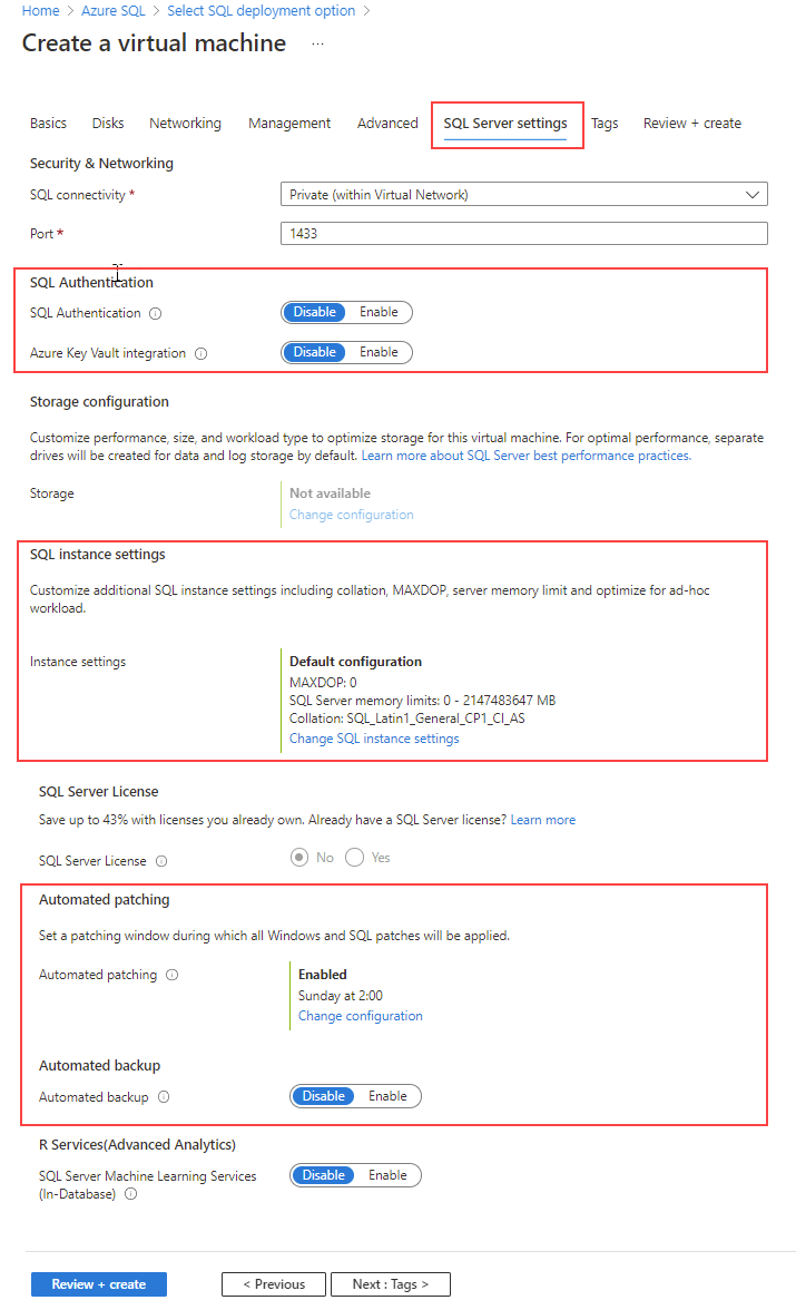 SQL Server settings tab when creating a SQL Server virtual machine