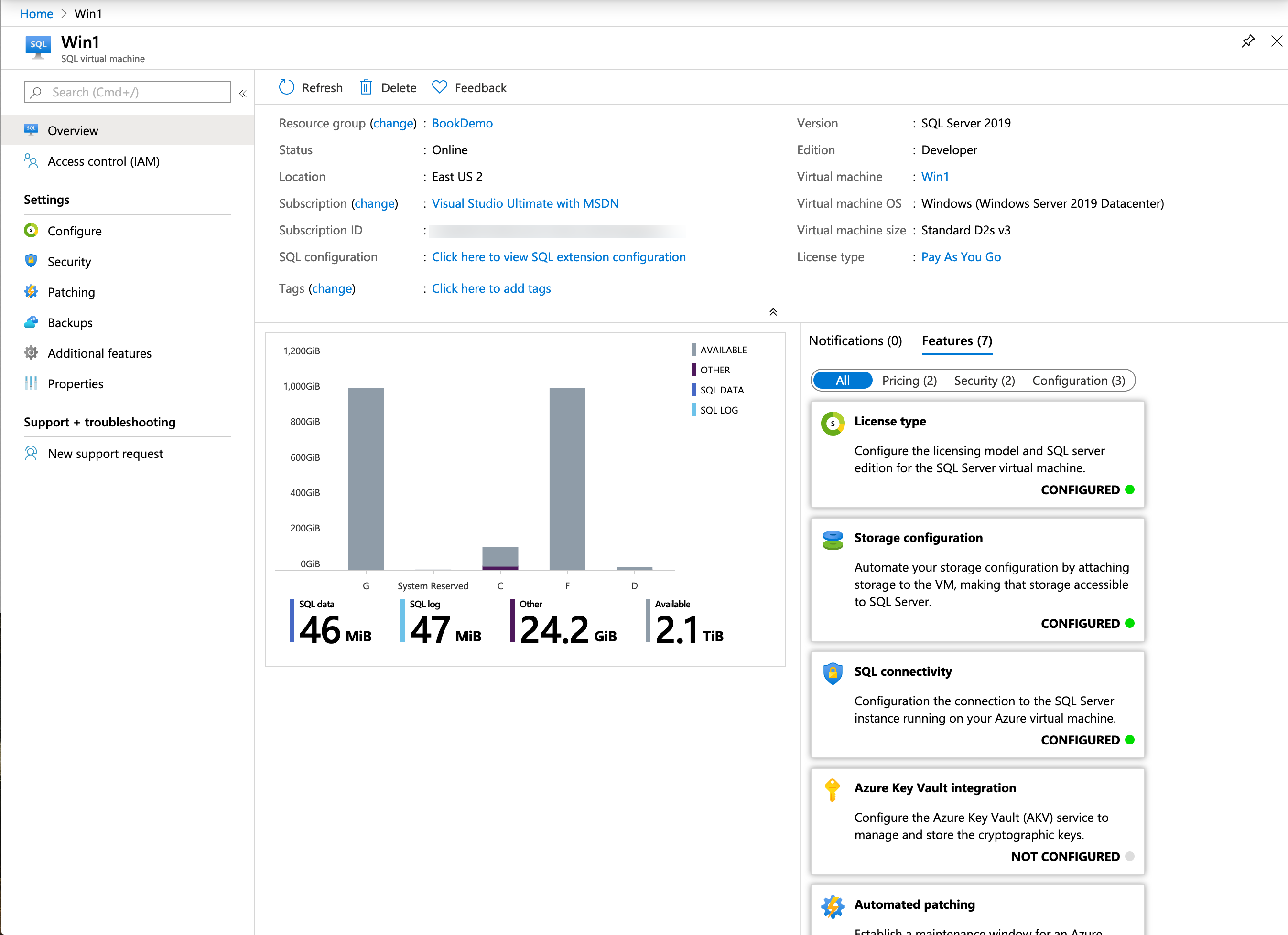 Image of SQL Virtual Machine Configuration in Azure portal