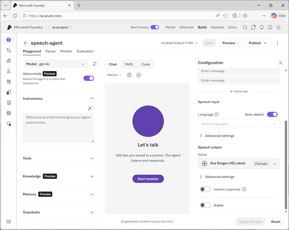 Captura de tela do ambiente de teste do agente com o modo de voz habilitado.