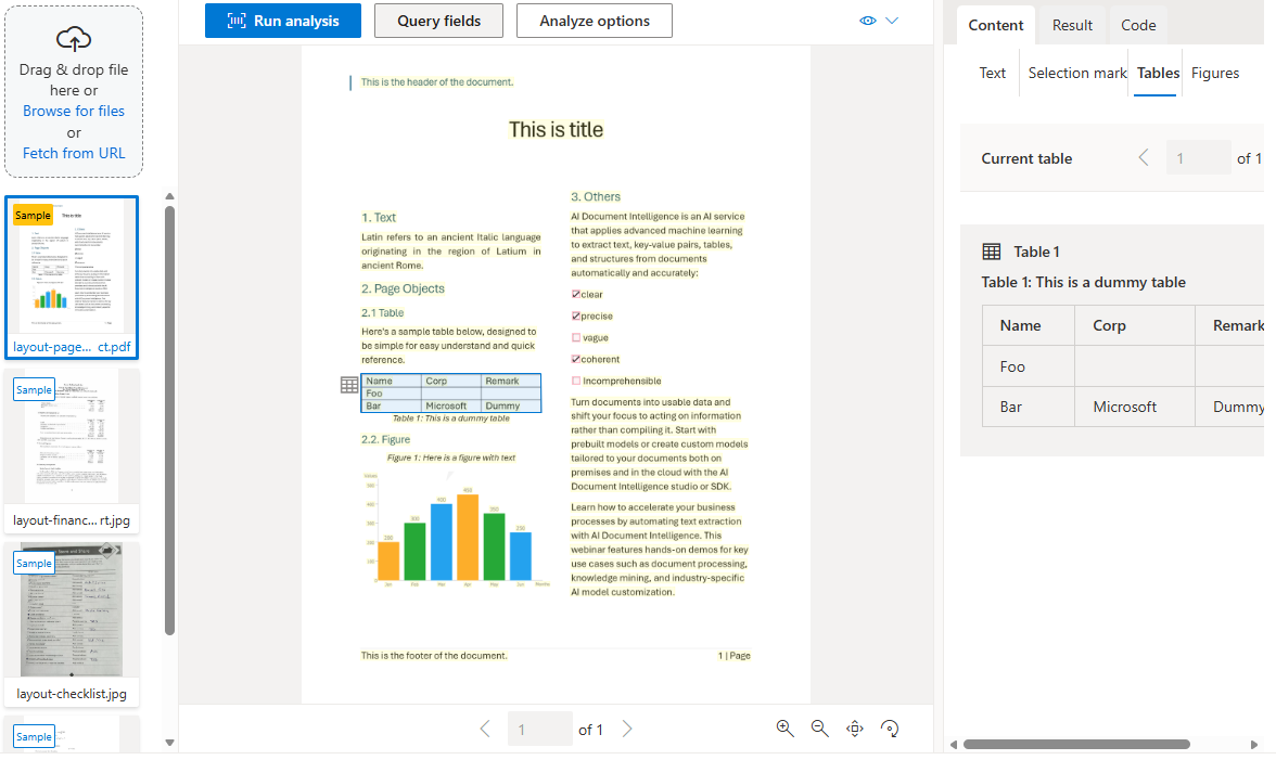 Captura de tela mostrando o modelo de layout extraindo tabelas e estrutura de um documento de exemplo no Document Intelligence Studio.