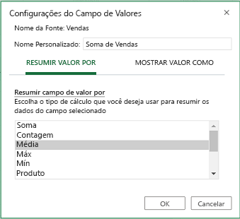 Captura de tela das configurações de valor do campo de configuração para resumir valor por média.