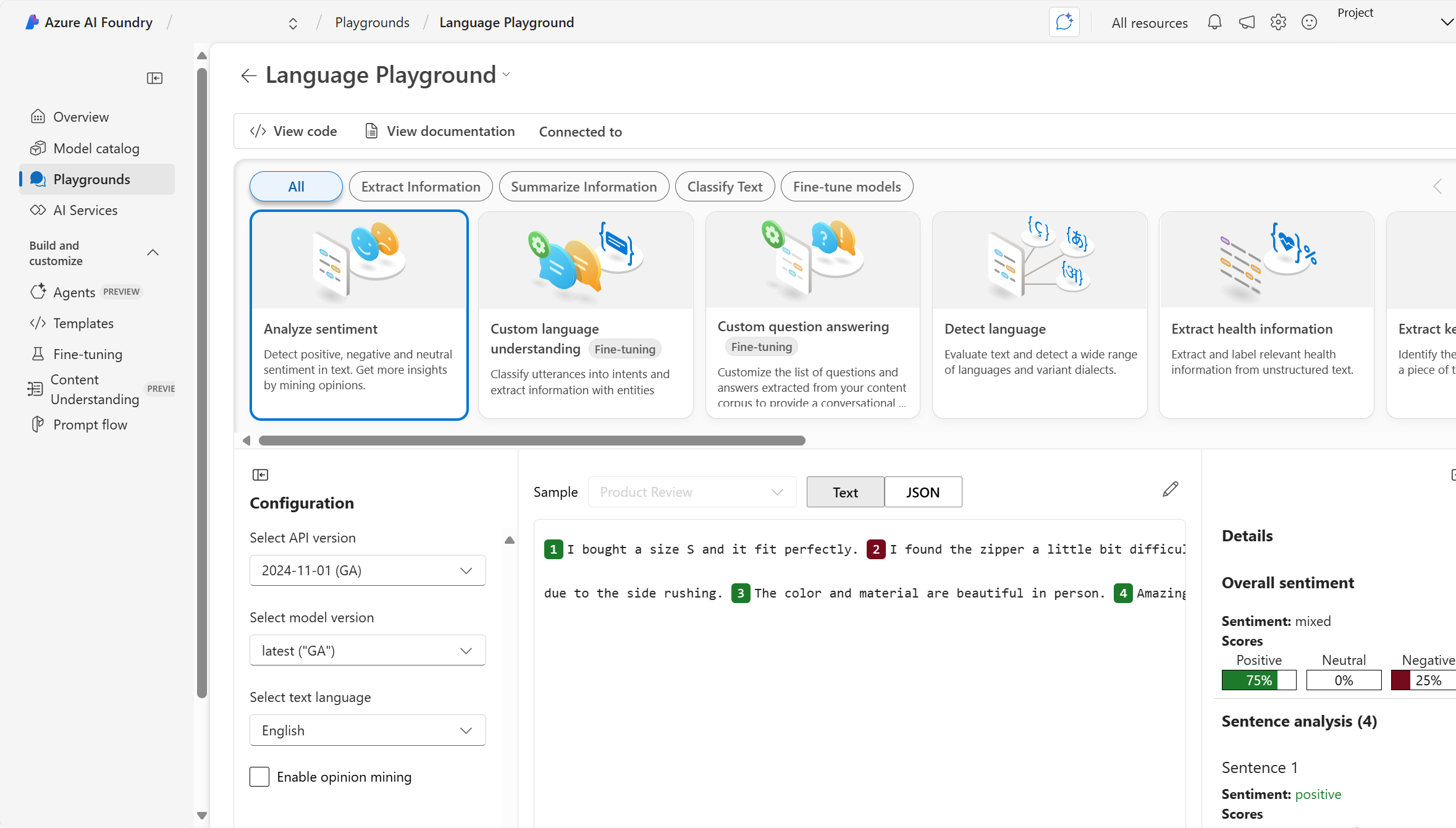 Captura de tela do playground do Azure Language no portal do Microsoft Foundry com um exemplo de análise de sentimento.