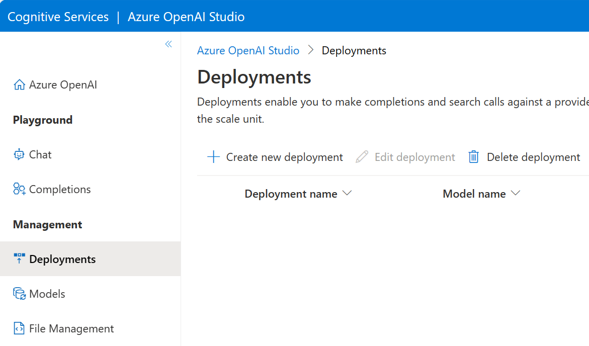 Captura de tela do menu de páginas do portal do Estúdio OpenAI do Azure.