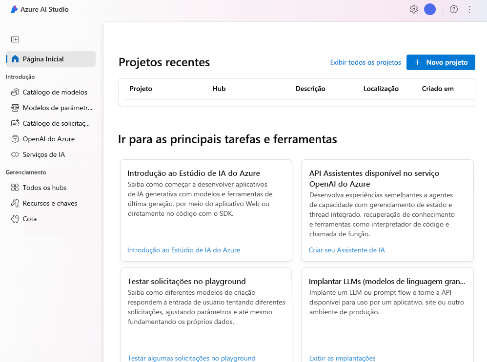 Captura de tela do portal do Estúdio OpenAI do Azure que pode ser usado para acessar vários recursos.