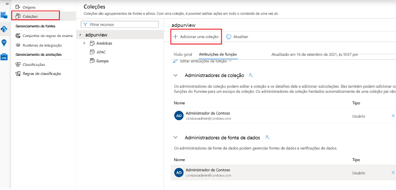 Captura de tela que mostra o menu de coleção para atribuir permissões de controle de acesso à hierarquia de coleção.