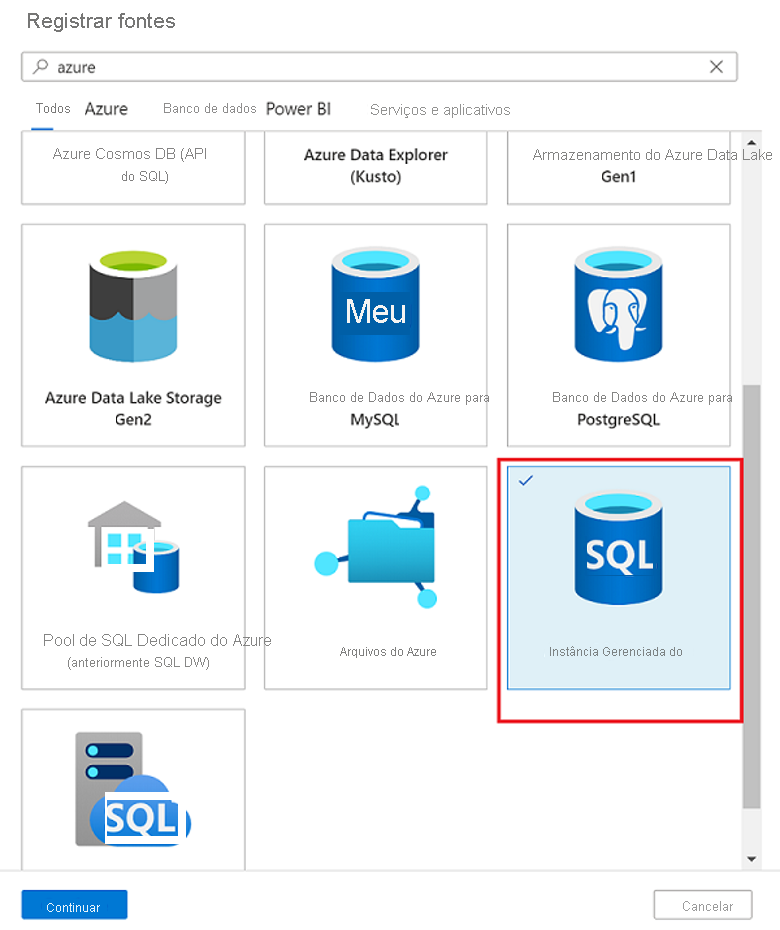 Captura de tela que permite a seleção da fonte de dados.