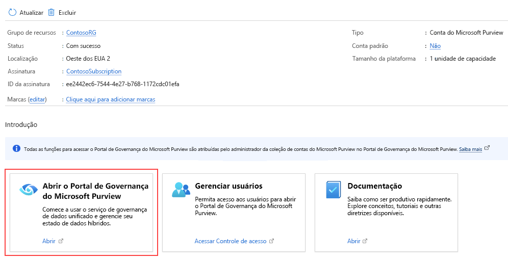 Captura de tela da opção Abrir portal de governança do Microsoft Purview.