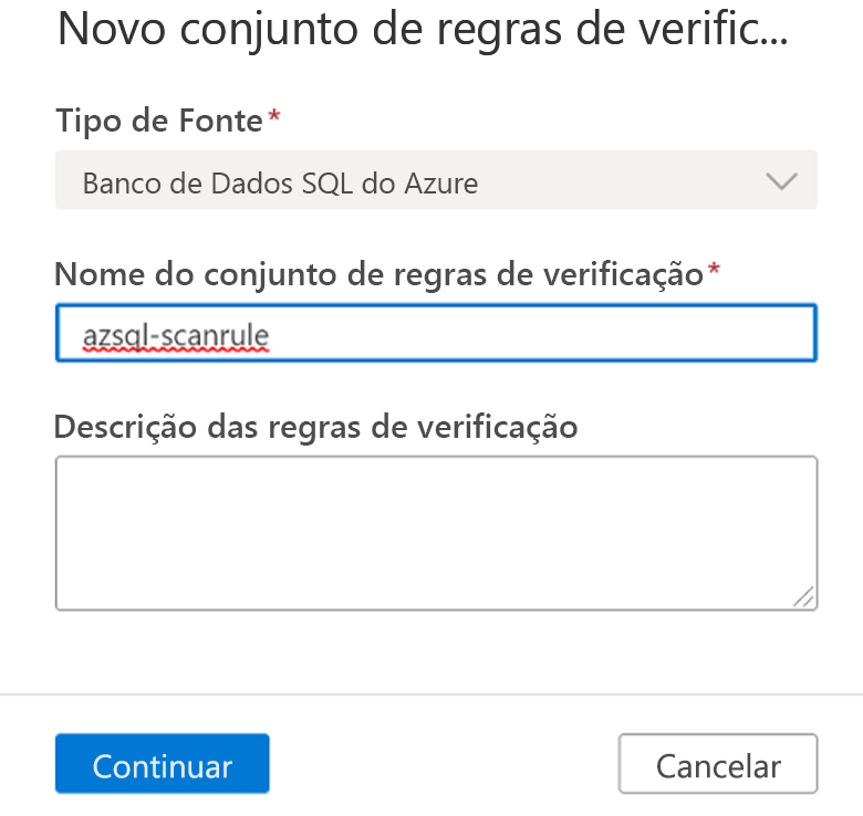 Captura de tela da página Novo conjunto de regras de varredura.
