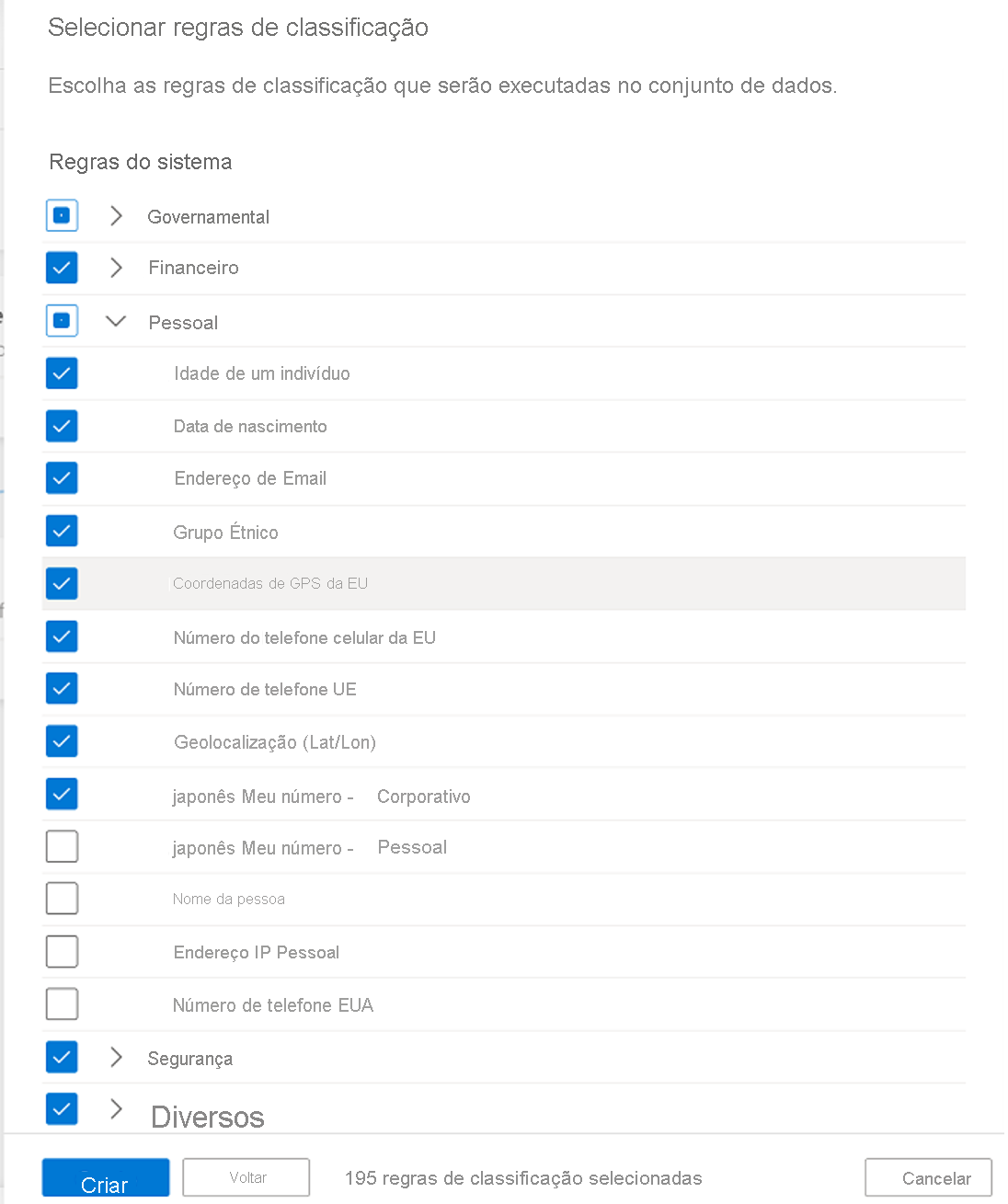 Captura de tela das regras de classificação do conjunto de regras de verificação do Microsoft Purview.