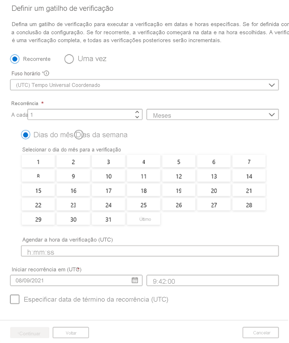 Captura de tela da opção de gatilho de verificação do Microsoft Purview.