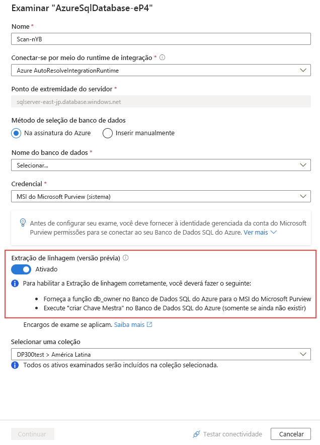 Captura de tela que mostra a tela para criar uma nova varredura com extração de linhagem.