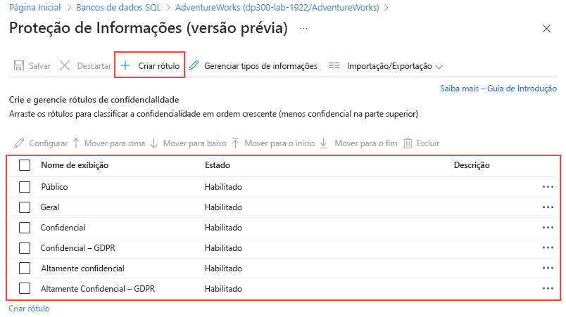 Captura de tela da página Proteção de Informações do portal do Azure.