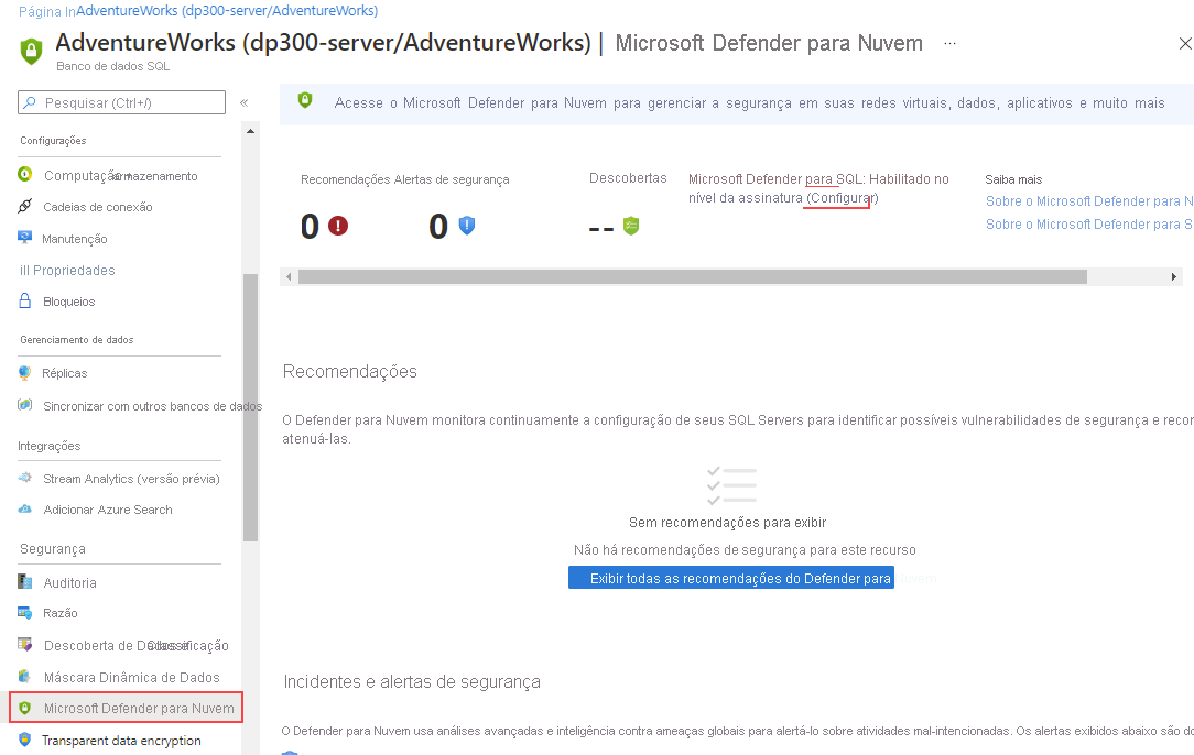 Captura de tela de como habilitar o Microsoft Defender para SQL.