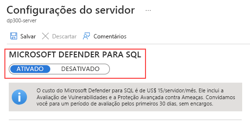 Captura de tela da página de configurações do servidor para habilitar o Microsoft Defender para SQL.