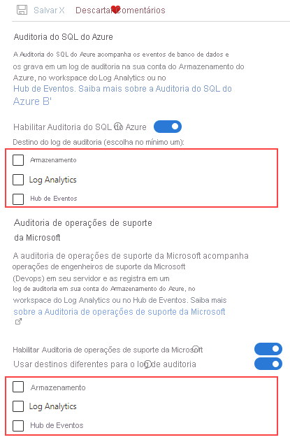 Captura de tela da página de auditoria de um SQL Server.