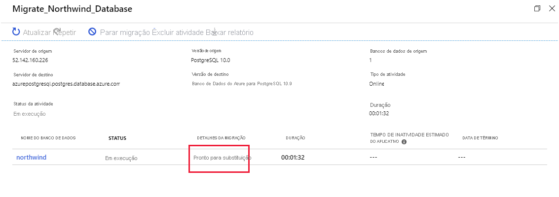 Imagem mostrando a página de status da atividade de migração. A migração transferiu todos os dados atuais e está pronta para fazer a substituição para o novo banco de dados.