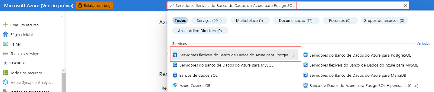 Captura de tela mostrando o item servidores flexíveis do Banco de Dados do Azure para PostgreSQL no portal do Azure.