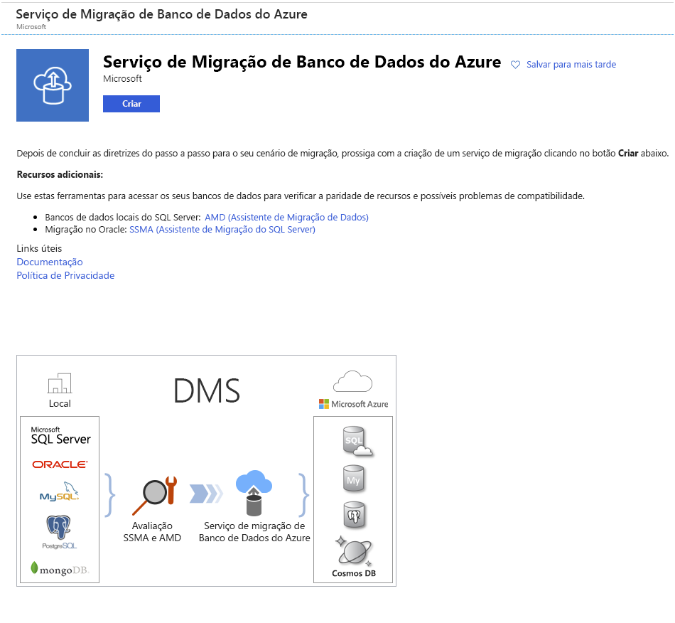 Imagem mostrando a página inicial ao criar o Serviço de Migração de Banco de Dados do Azure