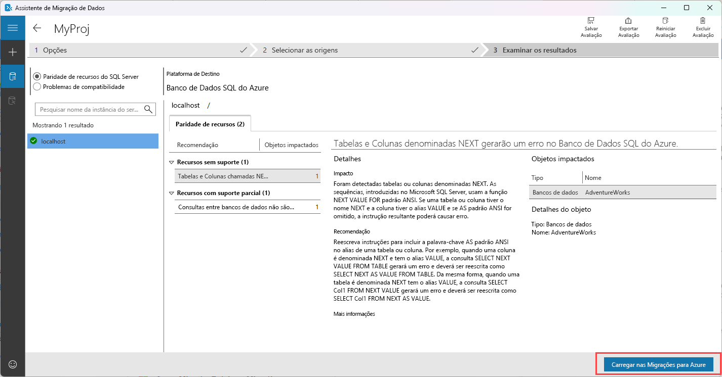 Captura de tela que mostra como carregar uma avaliação do Assistente de Migração de Dados no Azure Migrate.
