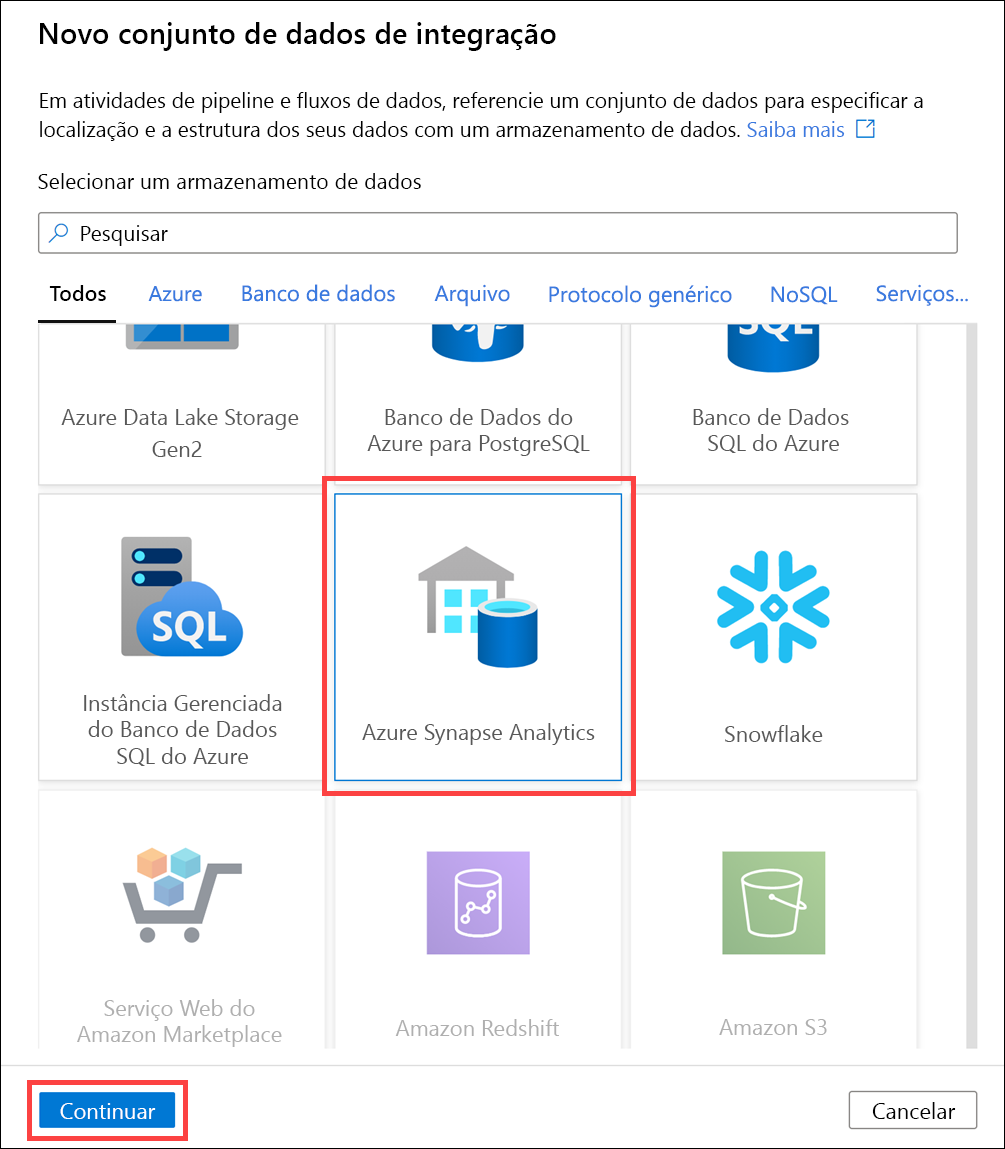 Azure SQL Database and the Continue button are highlighted.