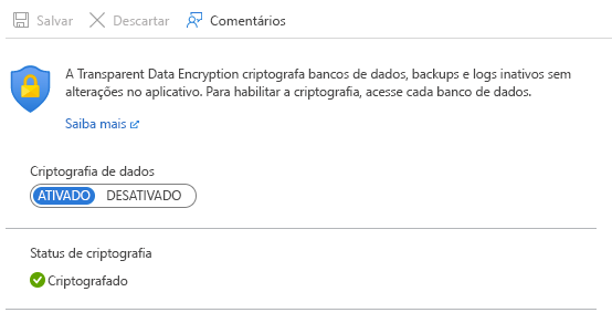 Captura de tela mostrando as configurações de Transparent Data Encryption para um Banco de Dados SQL do Azure.
