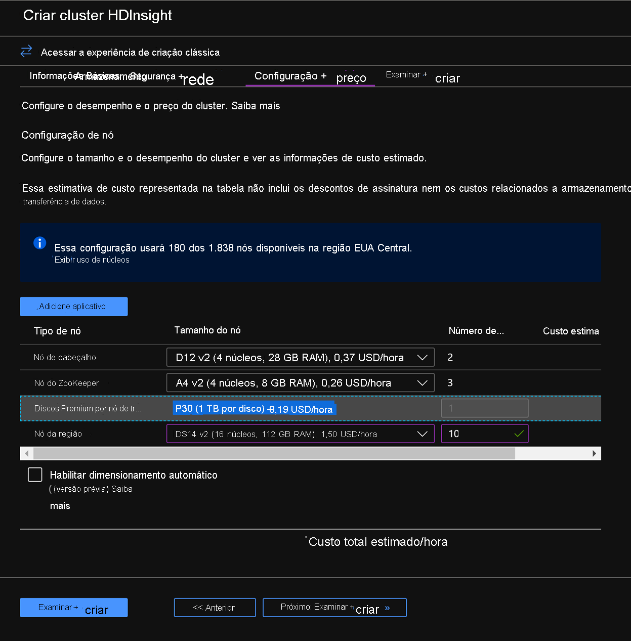 Configuring nodes within the Create HDInsight cluster screen.
