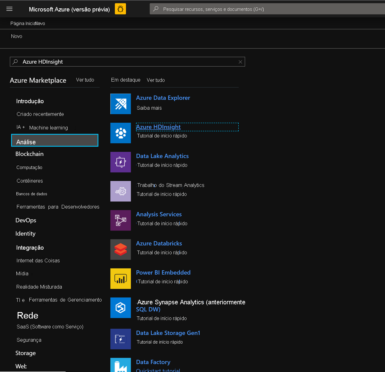 Screenshot shows Azure H D insight highlighted in Analytics in the Azure Marketplace.
