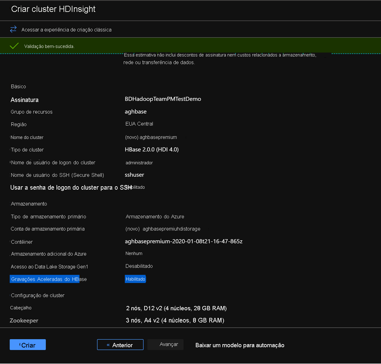 Azure HDInsight validation in the Azure Portal.