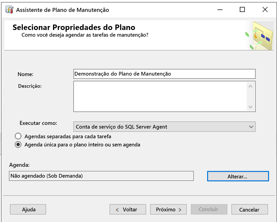 Captura de tela mostrando a tela Assistente de Plano de Manutenção.