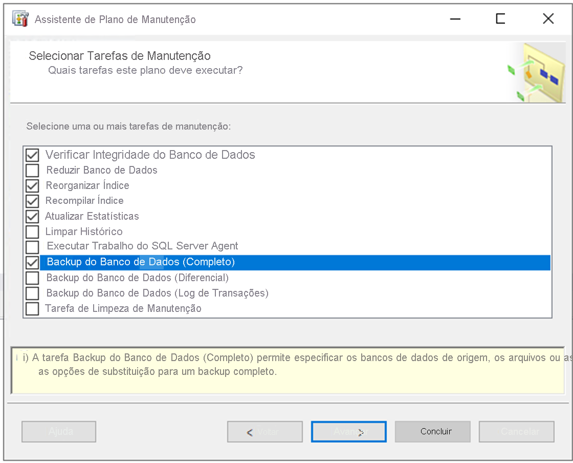 Captura de tela mostrando as tarefas de manutenção disponíveis no assistente de plano de manutenção.