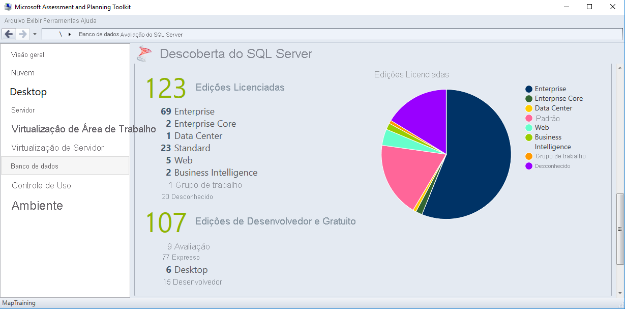 Screenshot of the MAP Toolkit SQL Server editions view.