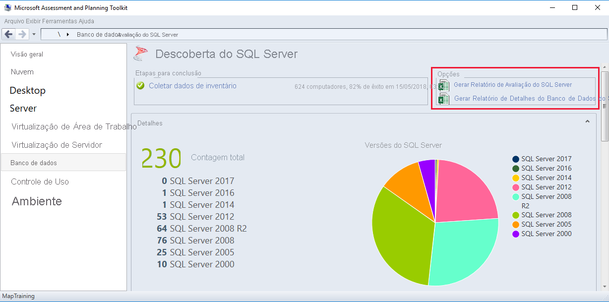 Screenshot of the MAP Toolkit SQL Server data export.