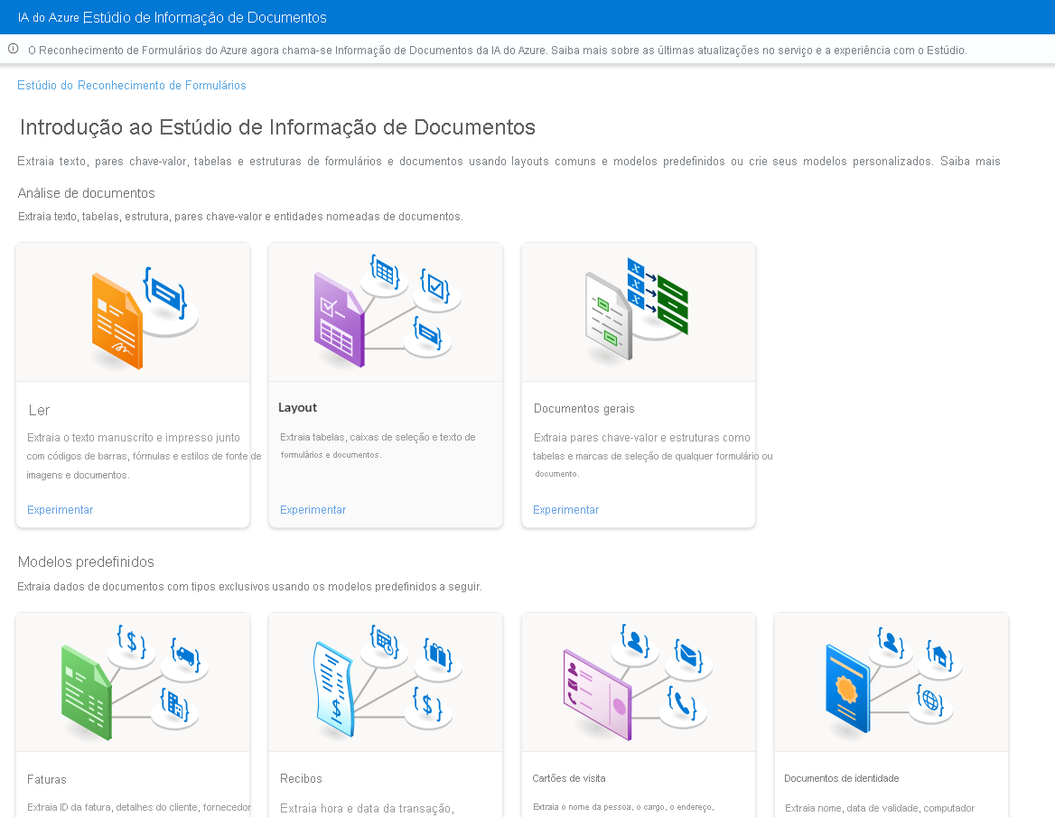 Gif dos recursos do Azure Document Intelligence Studio.