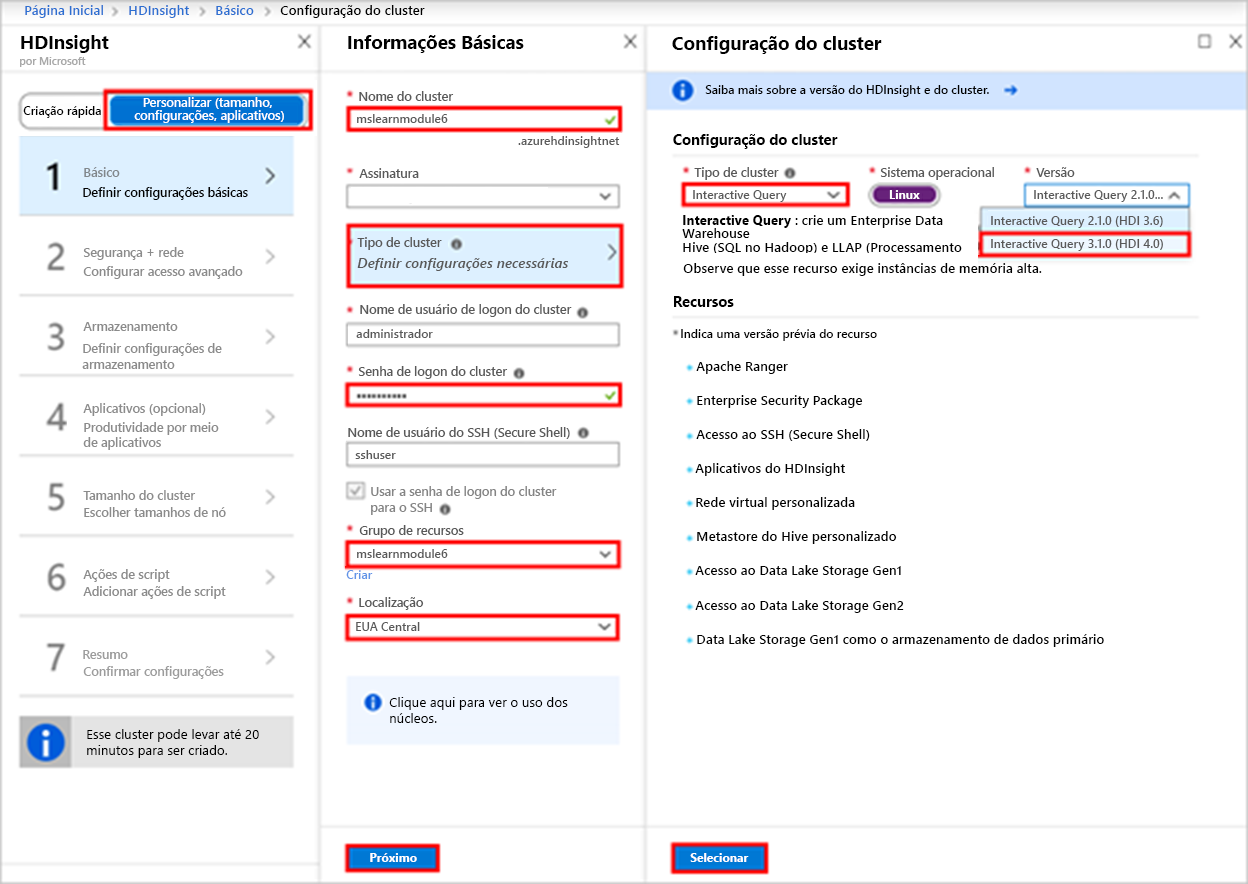 Screenshot shows the H D Insight, Basics, and Cluster configuration pages with multiple fields highlighted.